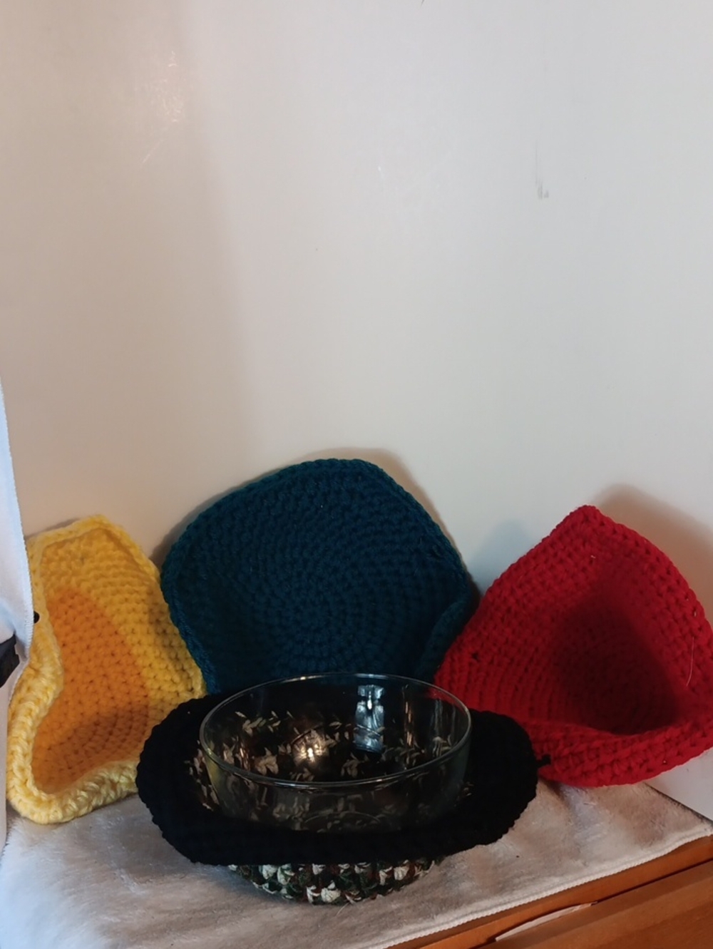 Handmade Crochet Bowl Kozys Set Of 4 Yellow, Teal, Red, Black